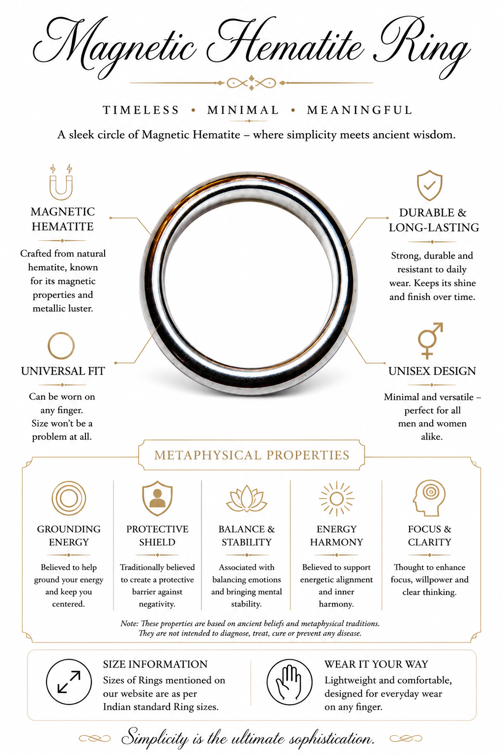 Magnetic hematite ring band, smooth polished metal circular shape
