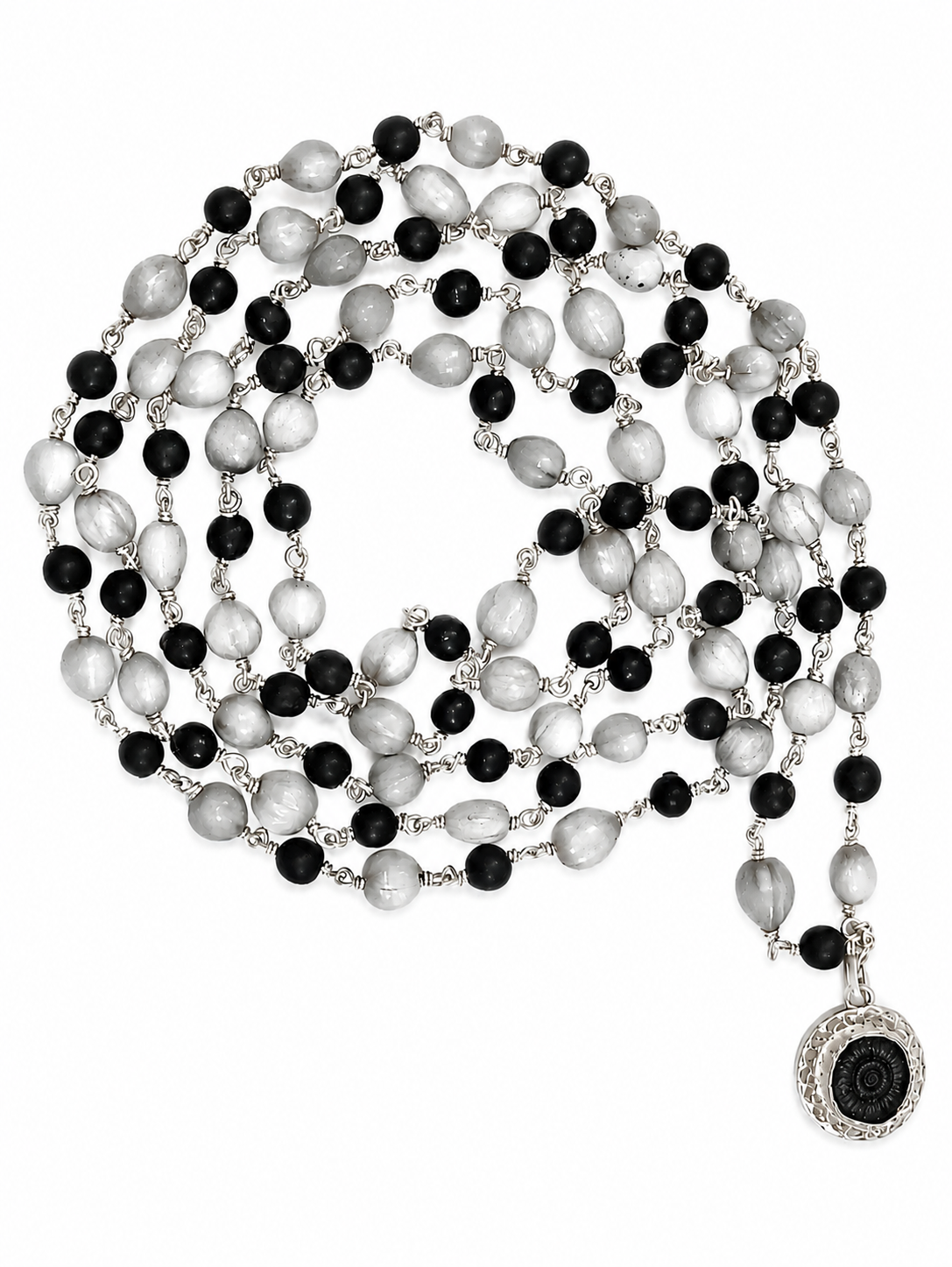 Vaijayanti mala with white & black silver beads and round Shaligram pendant