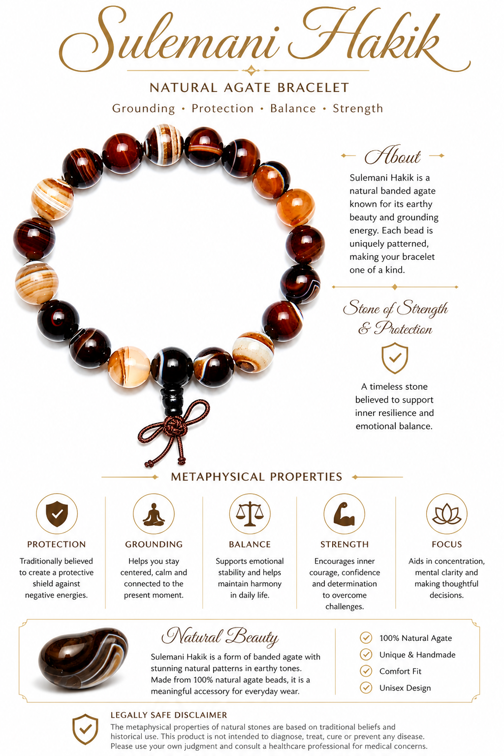 Agate bead bracelet with striped amber and dark beads; tied bow charm detail