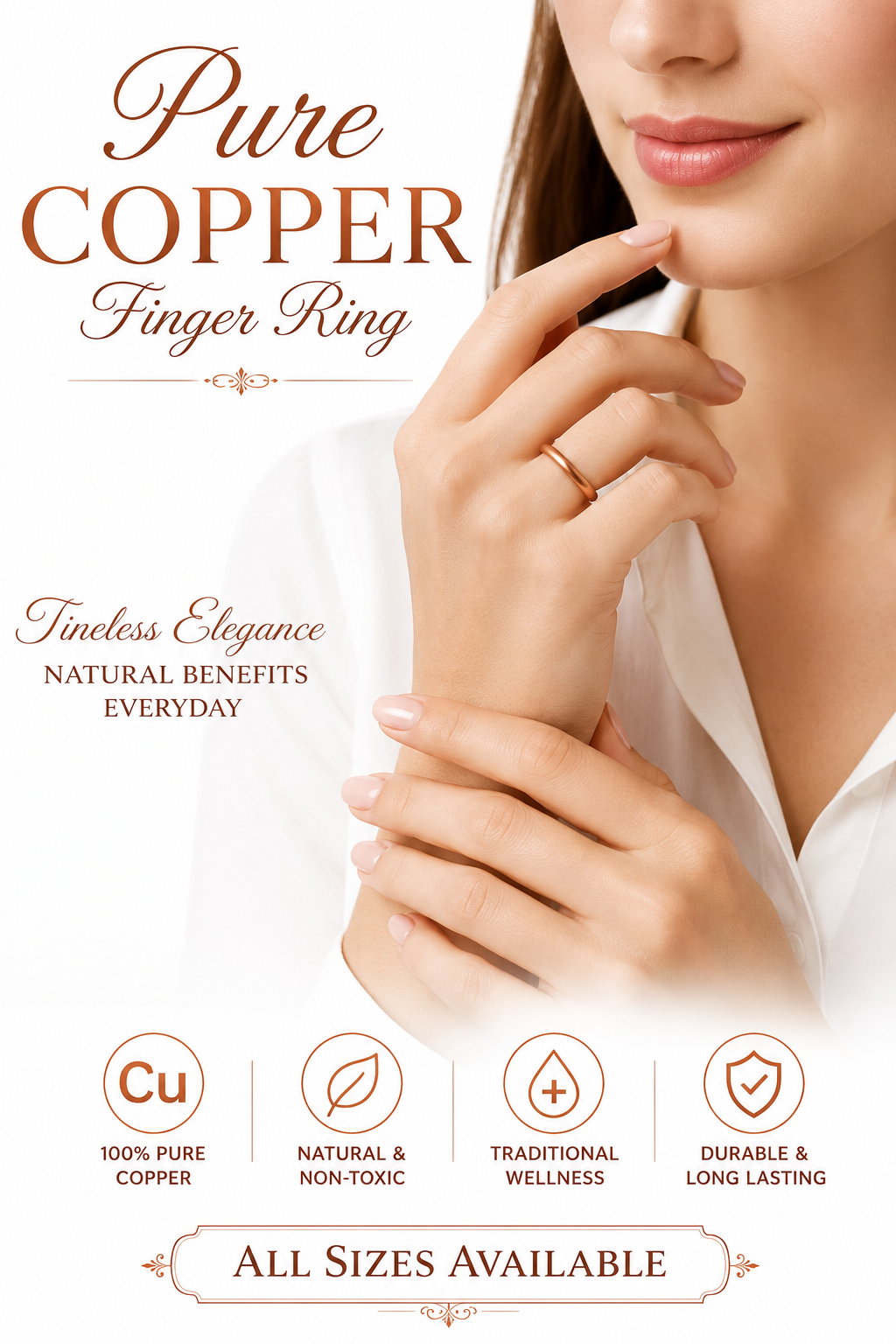 Copper finger ring, adjustable open band design