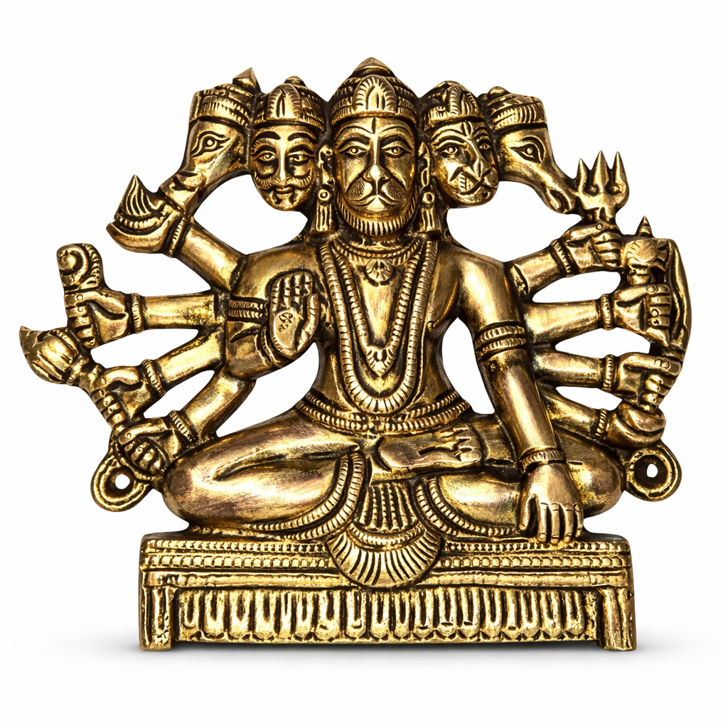 Panchmukhi Hanuman wall hanging: five-faced brass idol, seated with many arms