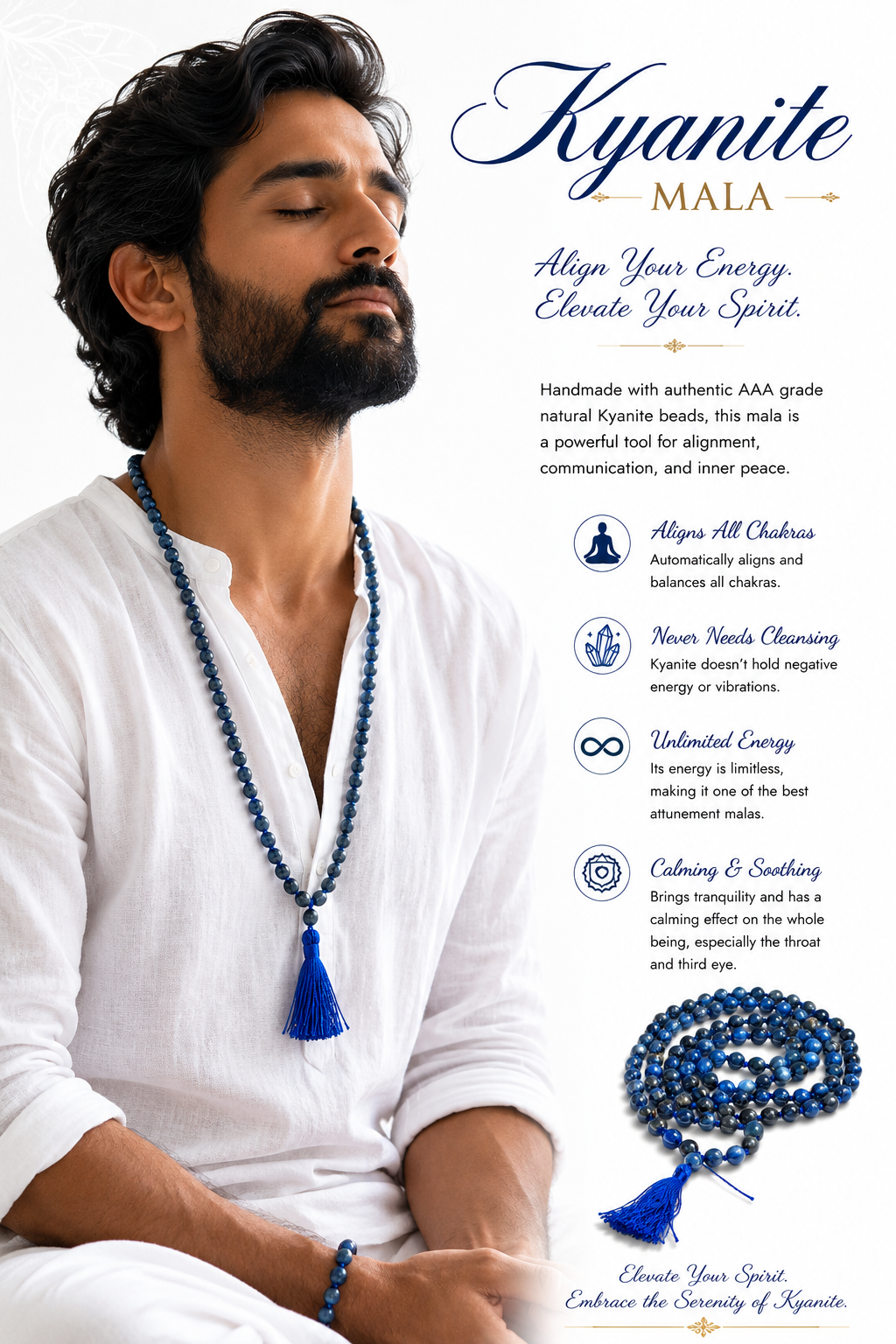 Blue kyanite mala necklace worn by a man in a white shirt, long bead strand and tassel