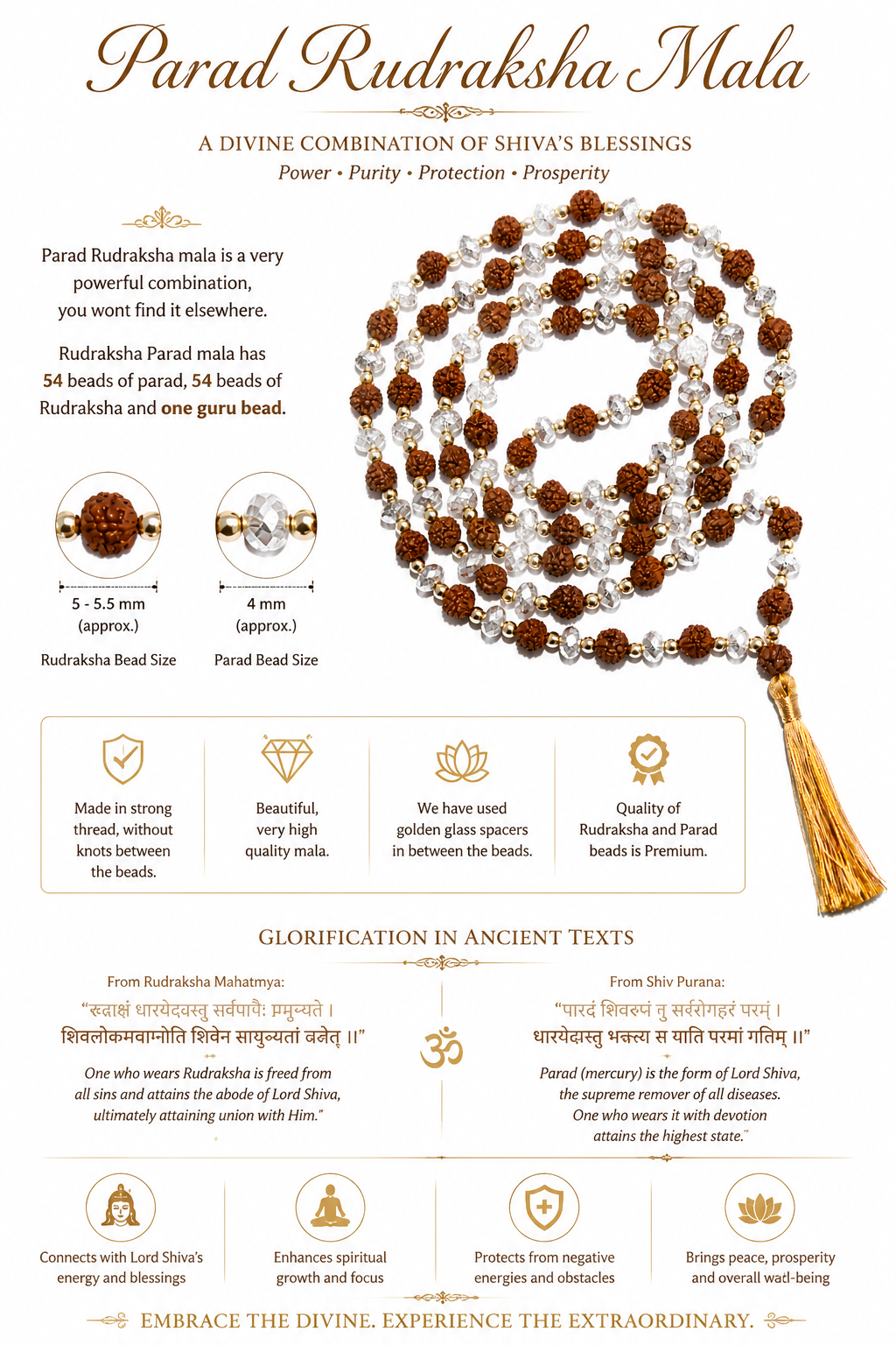 Parad Rudraksha Mala - Premium 54 Beads Rudraksha & 54 Parad Beads with Guru Bead, Golden Spacers, High-Quality Spiritual Necklace
