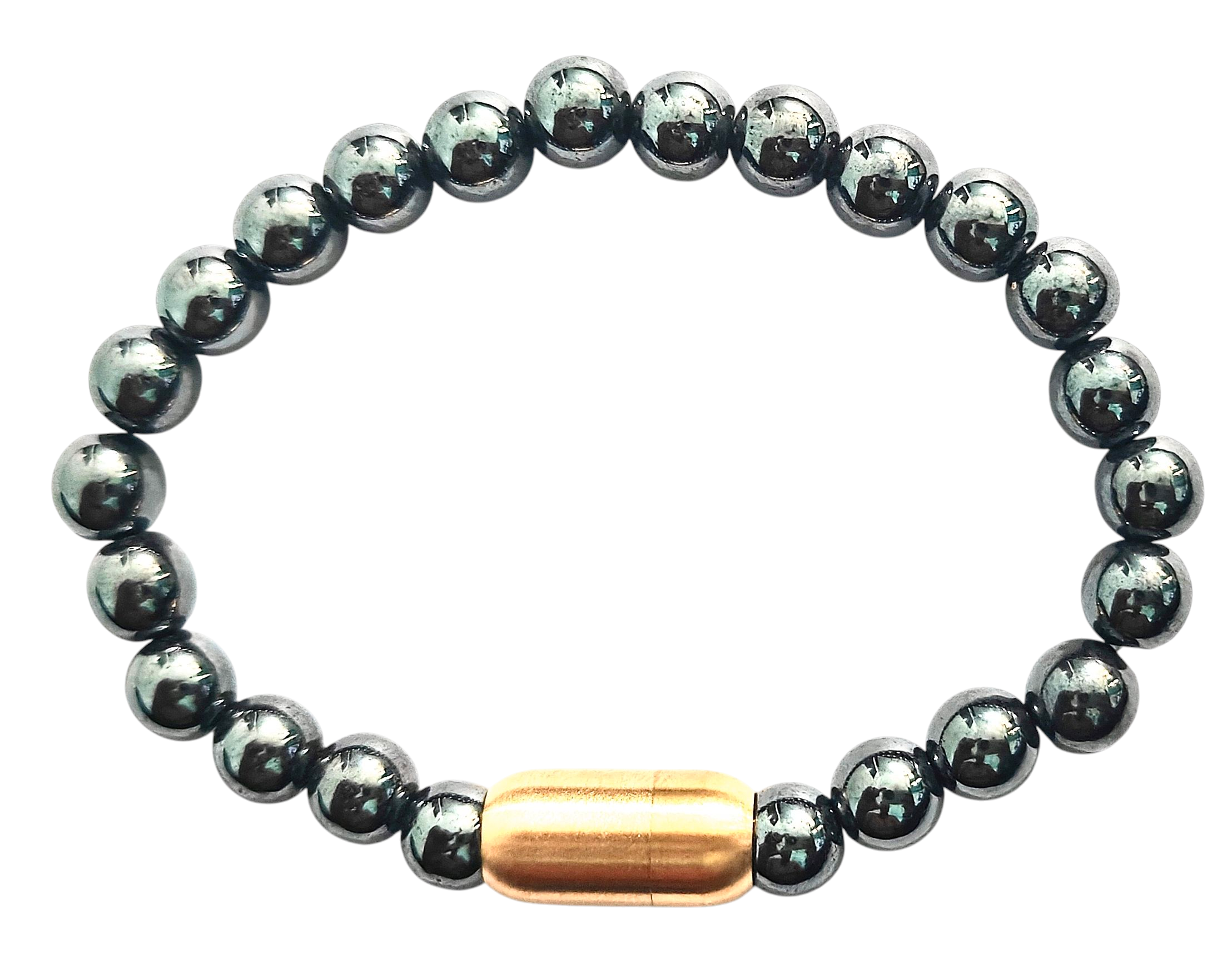 Hematite bead wristband with magnetic clasp, copper-toned center bar