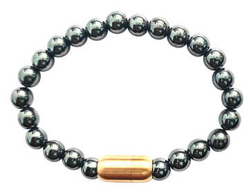 Hematite bead wristband with magnetic clasp, copper-toned center bar