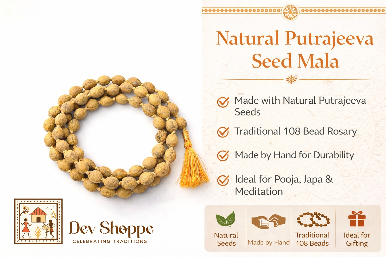 Putrajeeva seed rosary, round beads string with orange tassel end