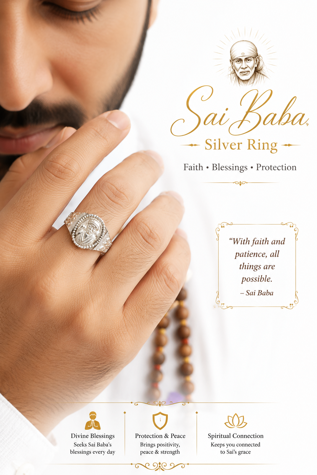 Silver devotional ring on finger with engraved Sai Baba face and detailed side motifs