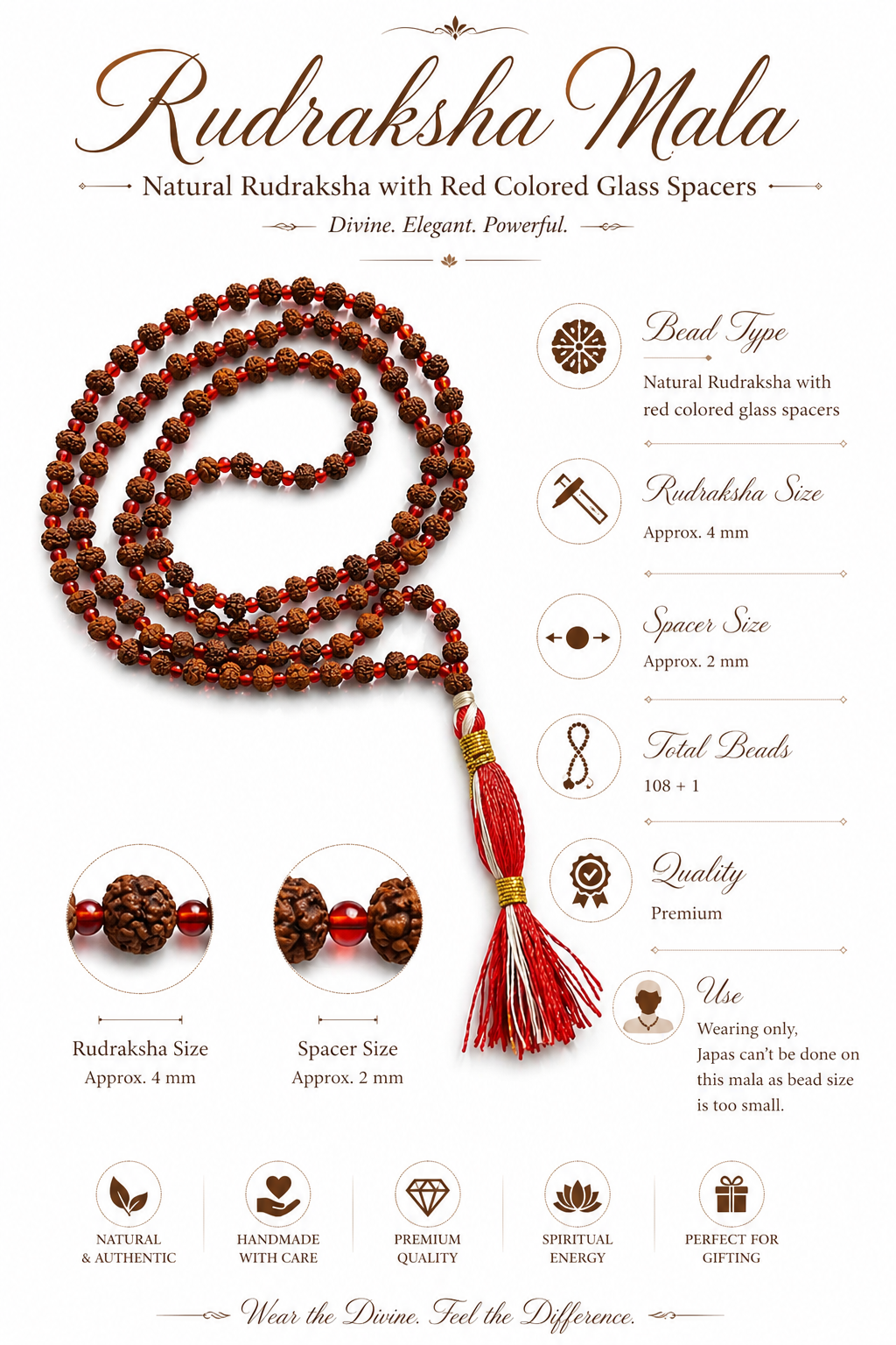 Rudraksha mala with red glass spacers; bead size ~4 mm, spacer size ~2 mm