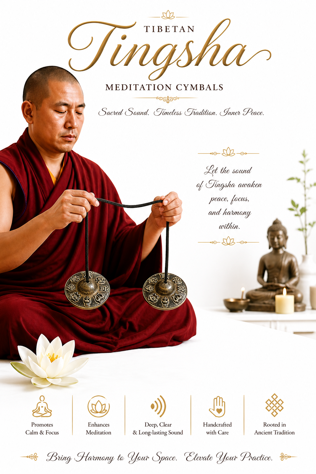 Tingsha meditation cymbals held by practitioner, two bronze metal bells with black strap