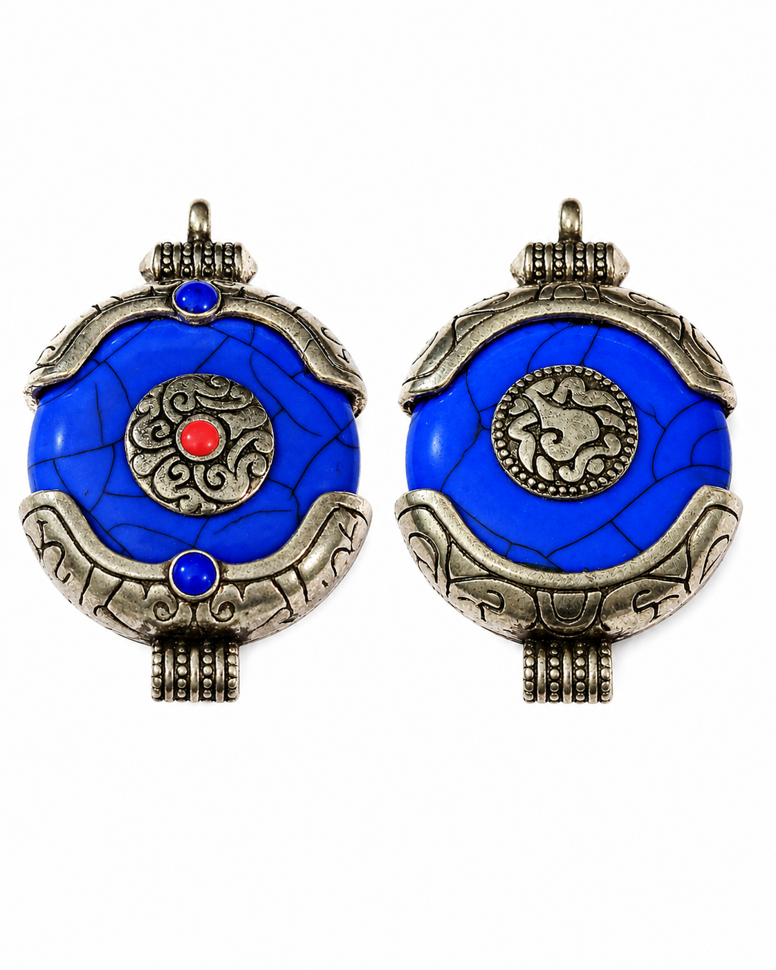 Blue crackle resin Ghau amulet pendant with silver caps, red bead accent and blue border
