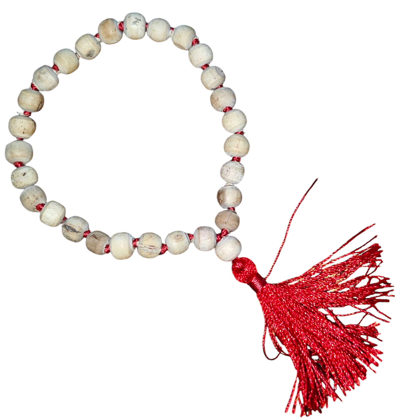 27+1 tulsi japa mala strand: white round beads with red spacers and tassel