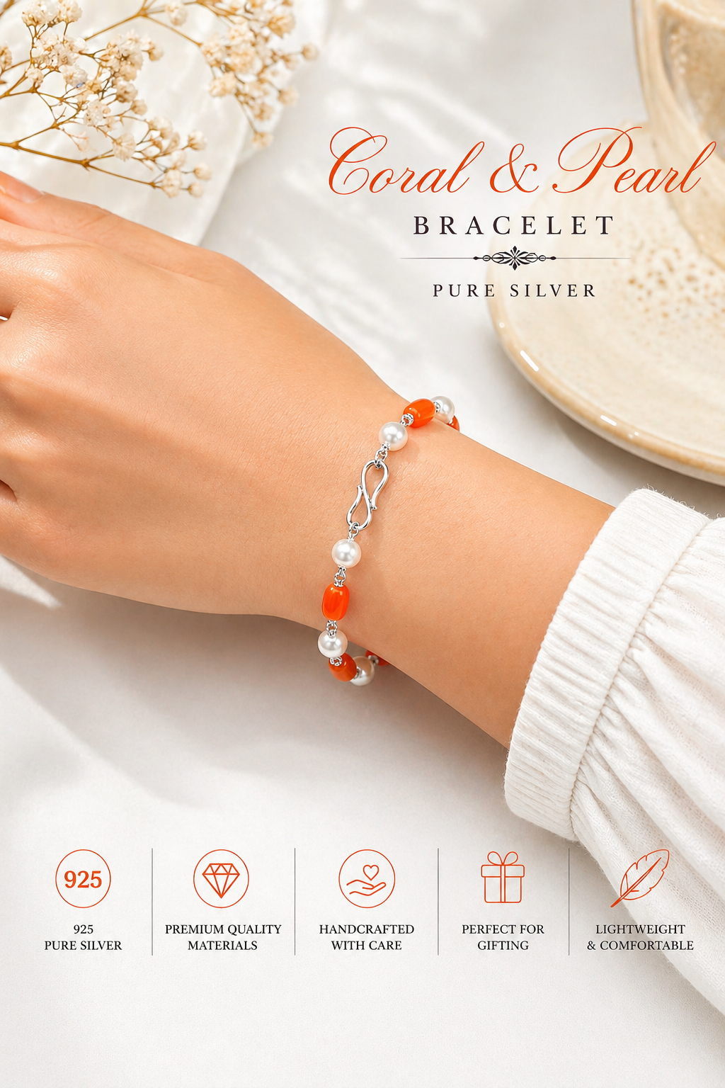 Beautiful Coral and Pearl bracelet in Silver