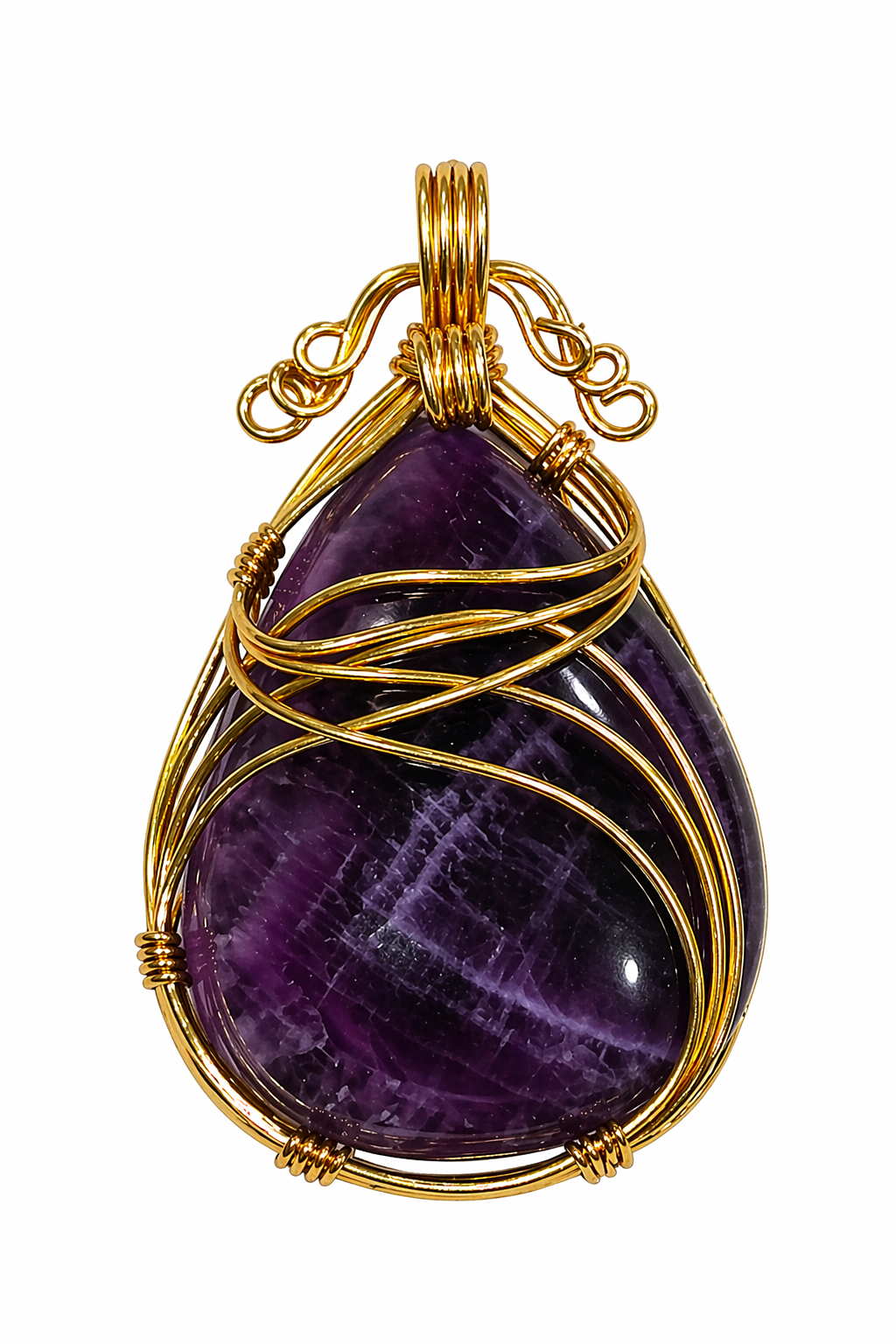 Amethyst teardrop pendant with brass wire wrap, purple gemstone charm