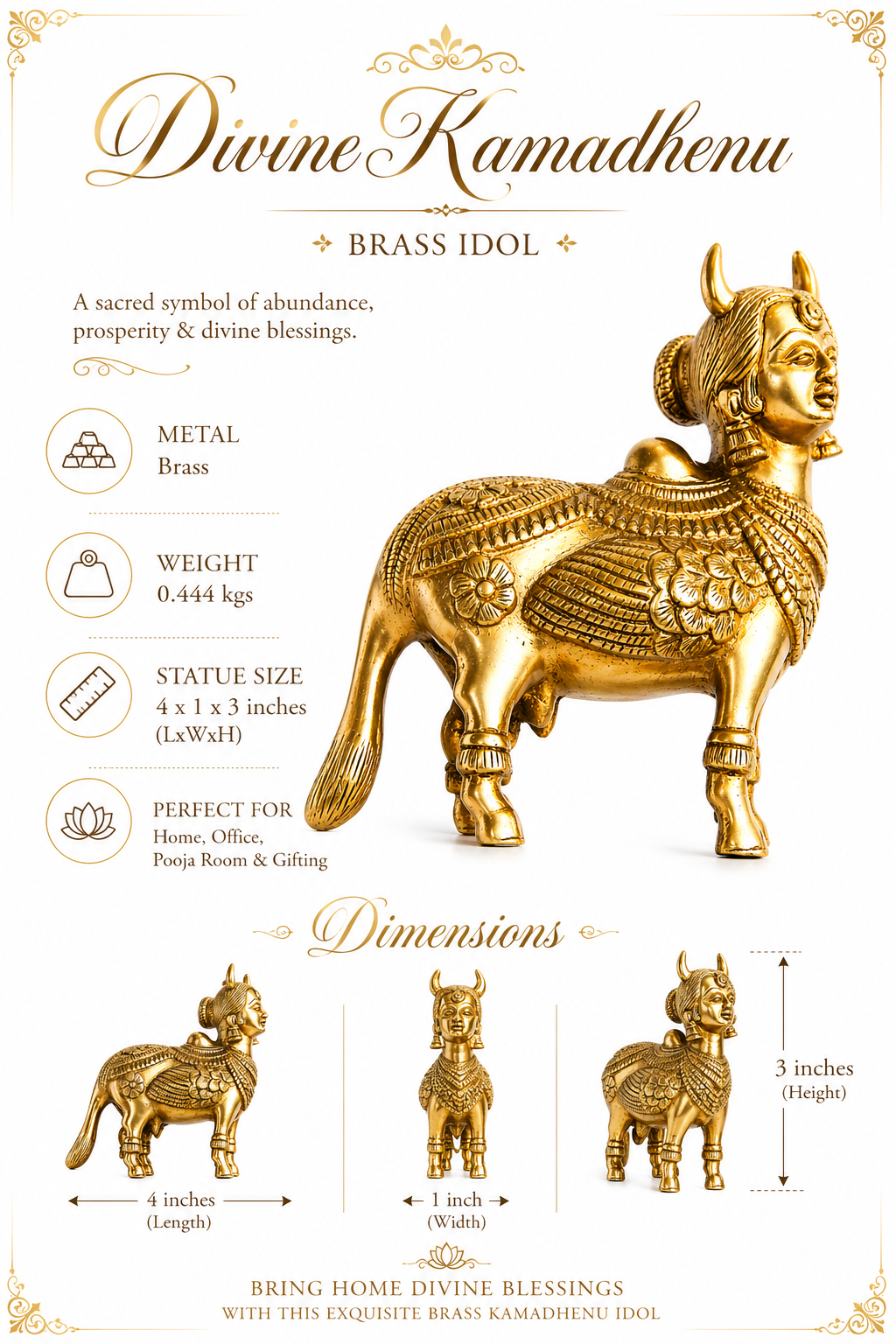 Divine Kamadhenu brass idol, front view with size details: 4 x 1 x 3 inches (LxWxH)