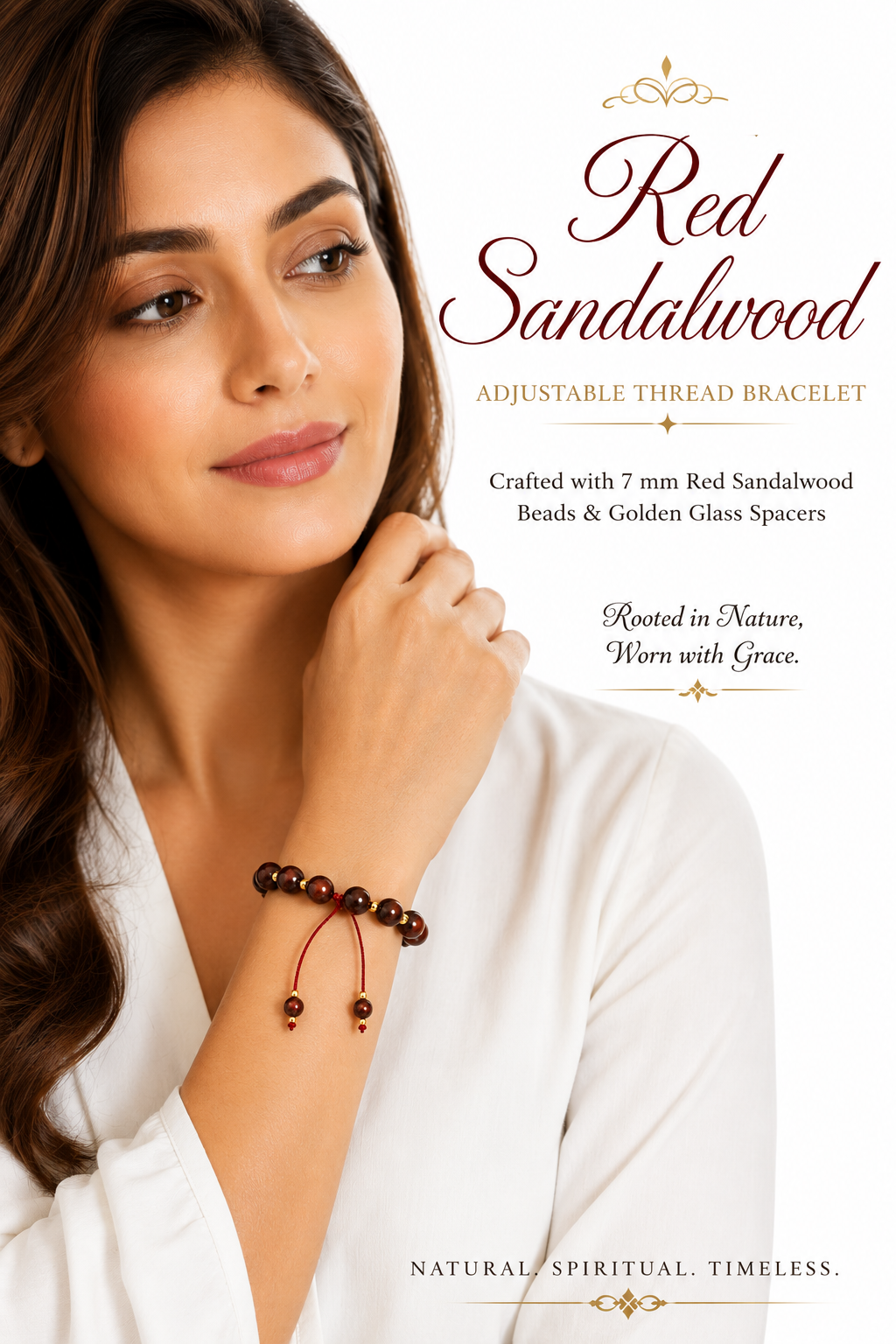 7 mm Red Sandalwood Adjustable Thread Bracelet with Golden Glass Spacers | Handcrafted Lal chandan Bead Bracelet for Men & Women | Unisex Meditation Yoga Spiritual Wrist Bracelet