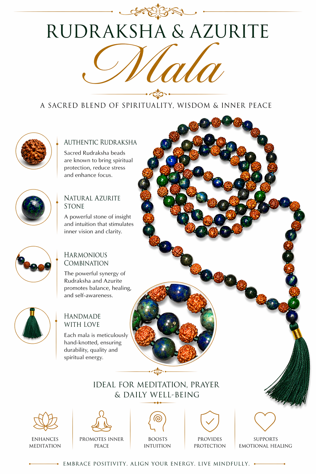 Rudraksha & azurite mala bead strand with blue/green stones, brown rudraksha beads, green tassel
