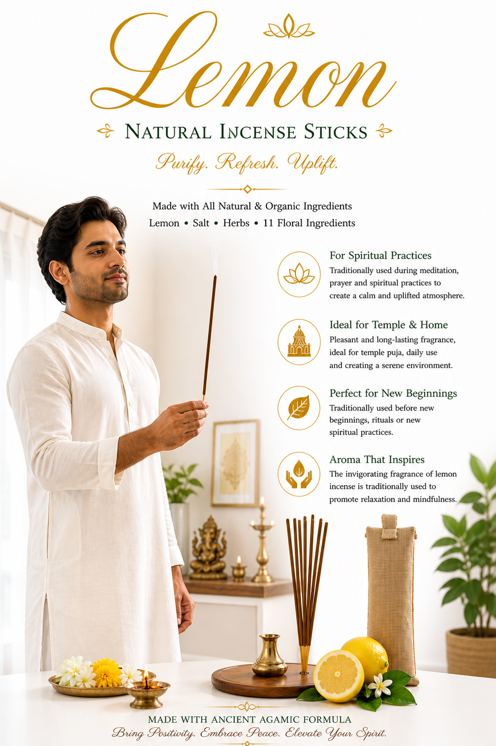 Lemon Natural Agarbatti - Hand Rolled Incense Sticks for Home, Puja & Daily Use | Fresh Citrus Aroma | Jute Pouch Packaging