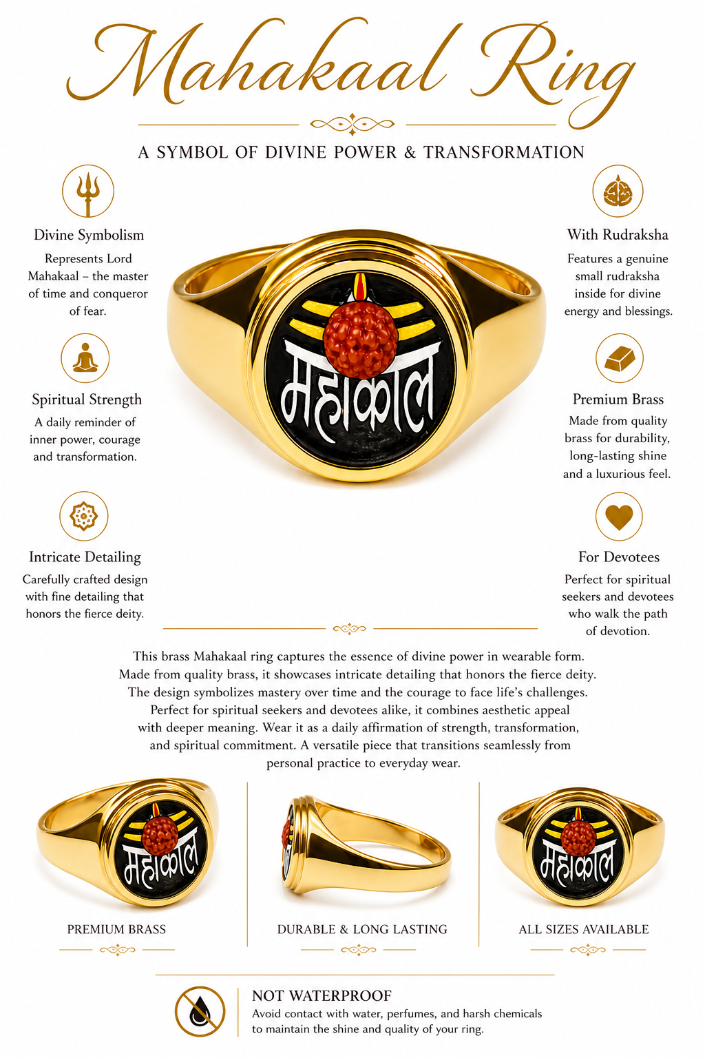 Front view gold brass ring with black center, red rudraksha and Shiva devotional text