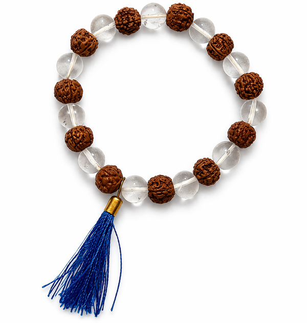 Rudraksha Sphatik Bracelet for Men & Women | Natural Rudraksha & Clear Crystal (Sphatik) Beads | Stretch Elastic Fit for All Wrists | Handmade Bracelet for Daily Wear & Gifting