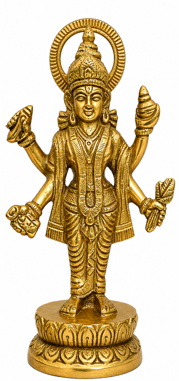 Polished brass Dhanvantari idol with halo, four arms, ornate crown and jewelry