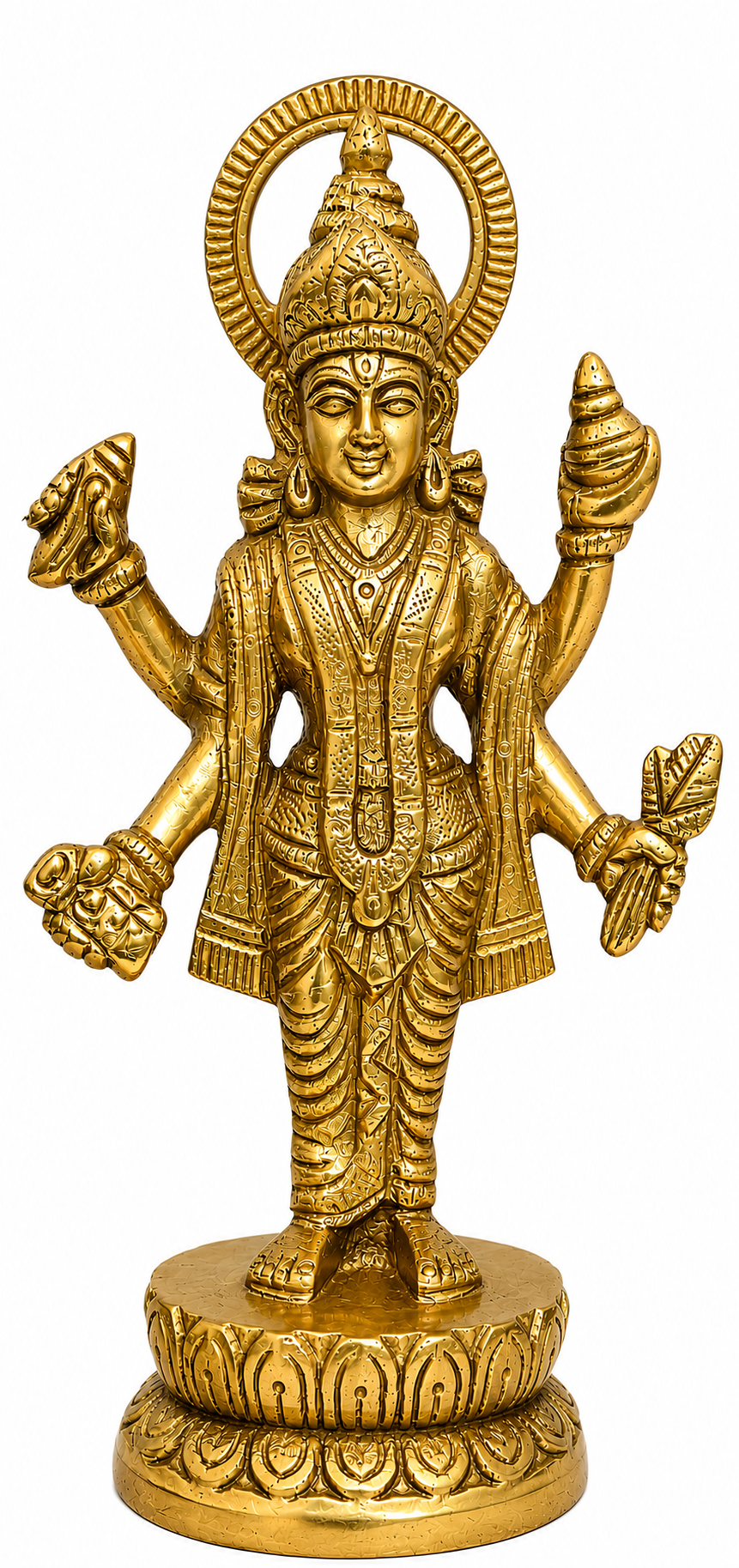 Polished brass Dhanvantari idol with halo, four arms, ornate crown and jewelry