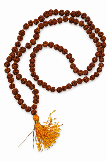 Rudraksha mala with 6 mm dark brown beads, 108+1 strands, and gold tassel.