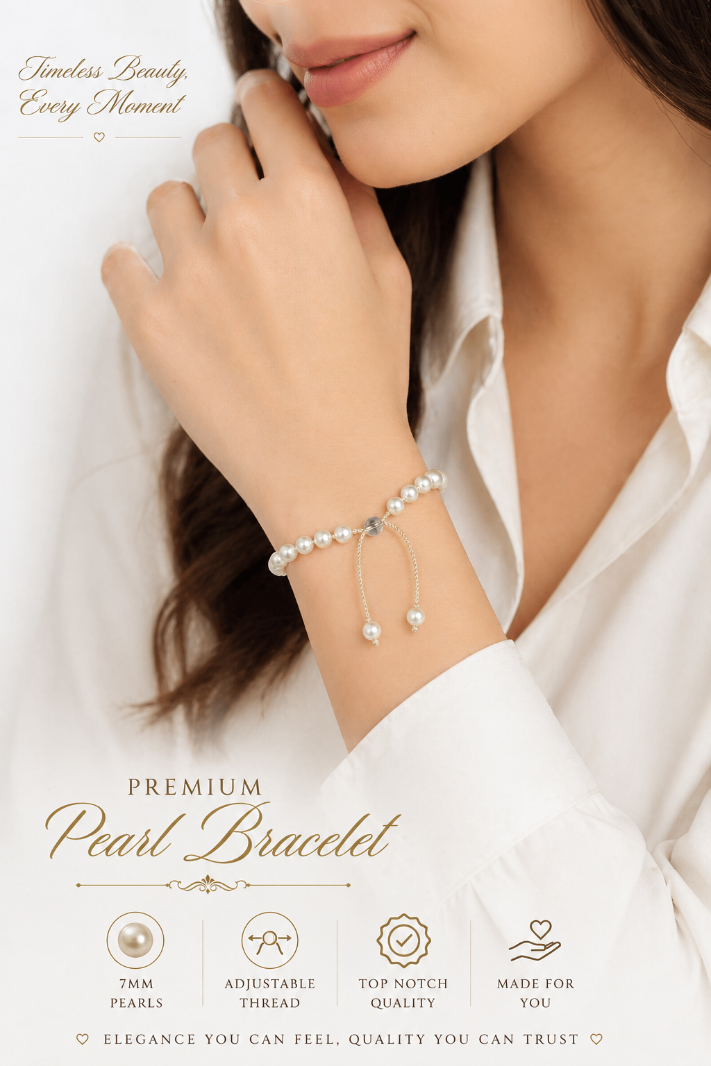 Pearl bead bracelet on wrist with dangling pearl ends and adjustable thread tie