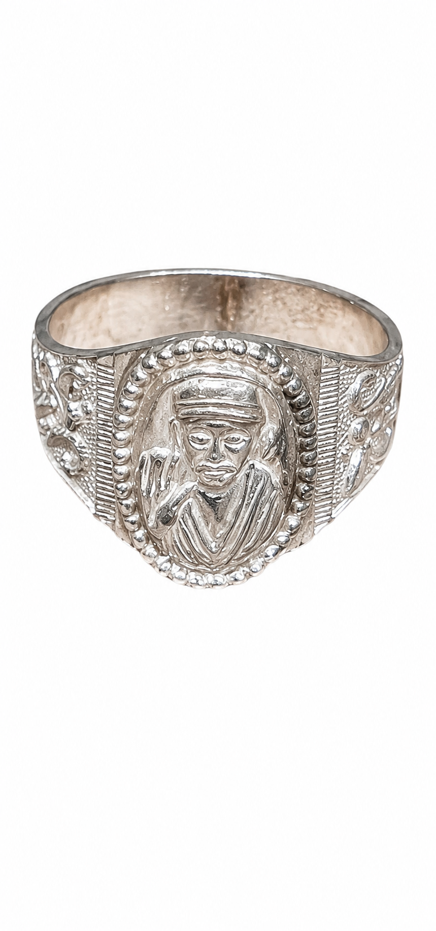 Silver signet ring with Sai Baba face engraving, ornate border, textured band