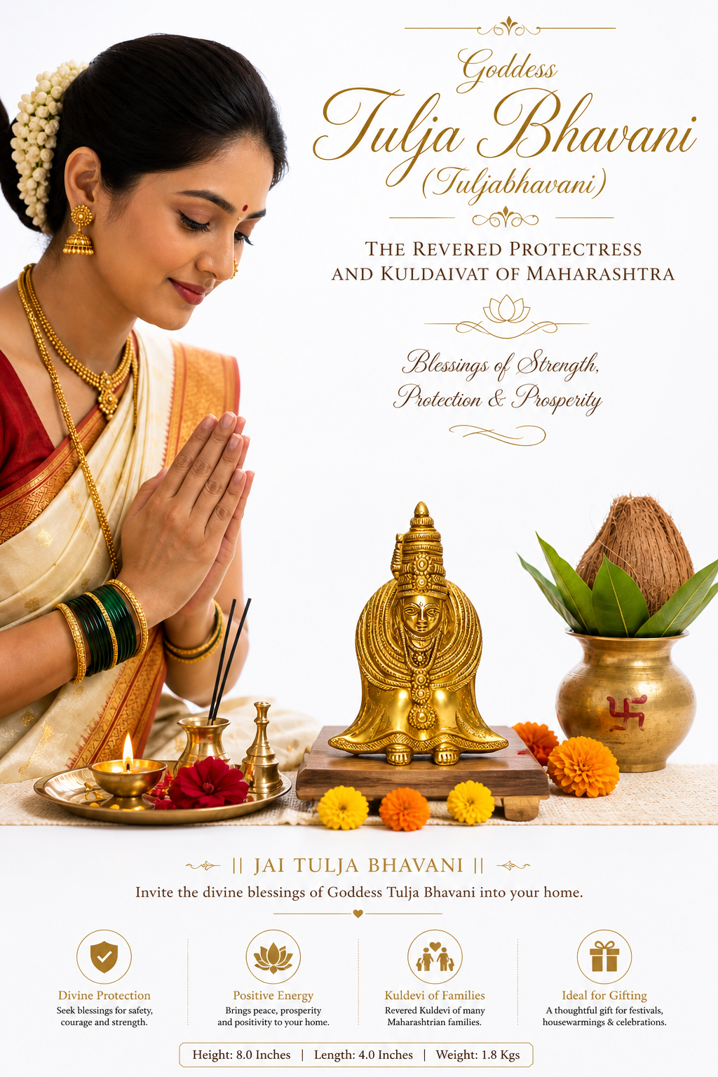 Gold brass Tulja Bhavani idol on base, detailed face, crown, and layered jewelry