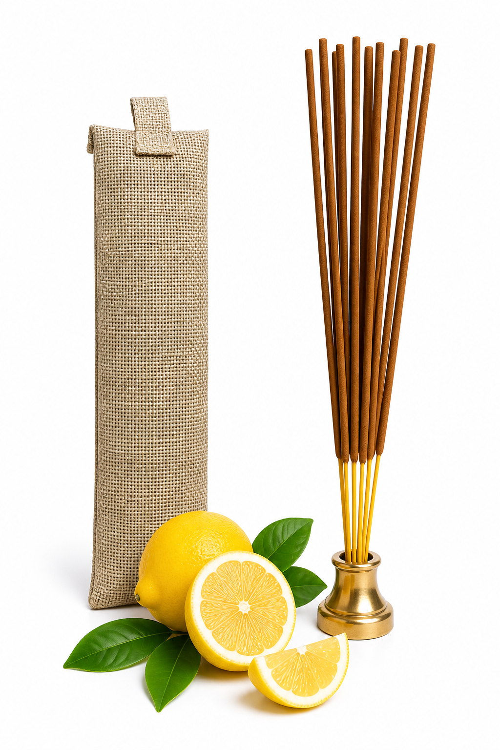 Lemon agarbatti incense sticks with jute pouch and citrus slices