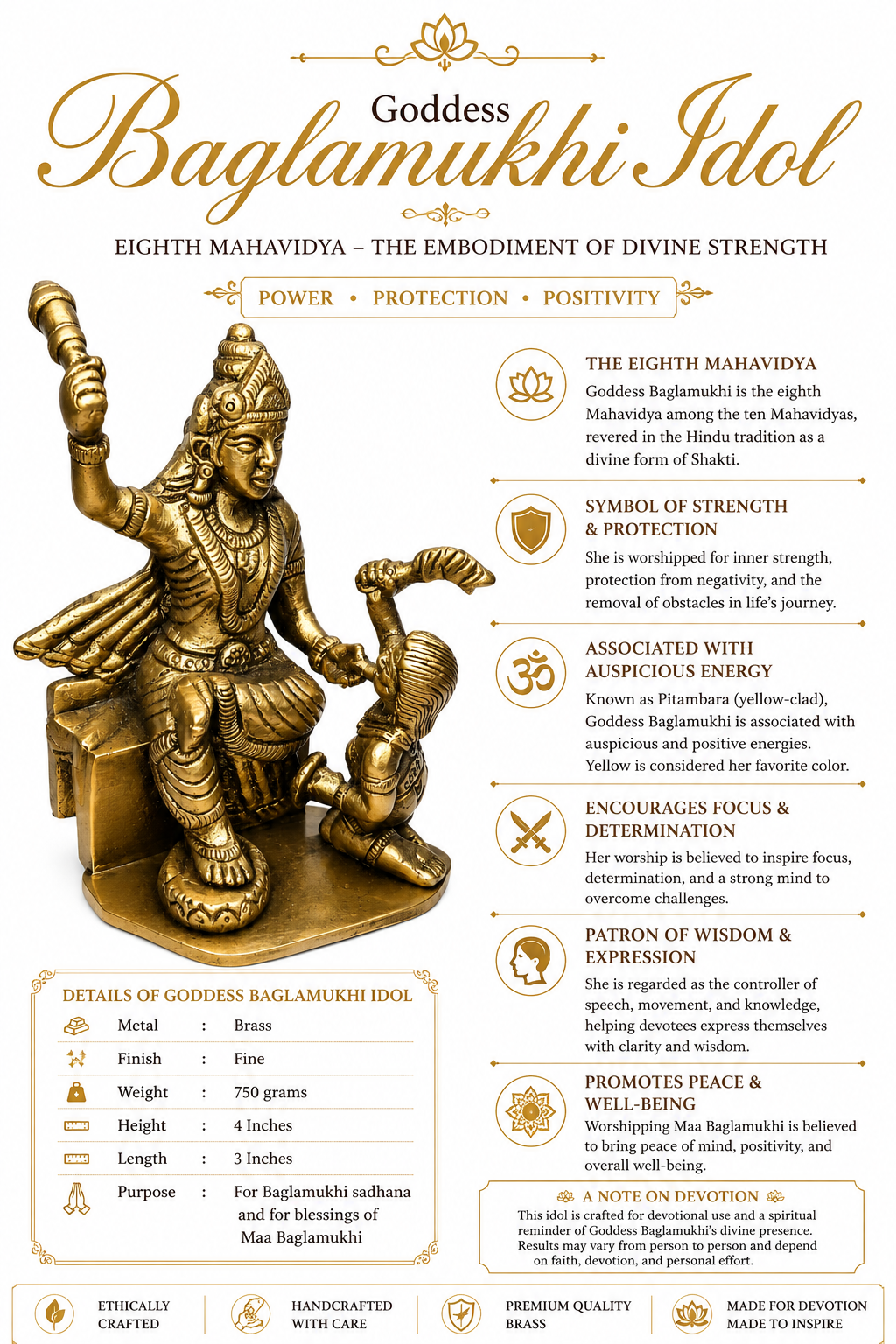 Brass Baglamukhi idol figure seated on pedestal, one arm raised, holding a weapon