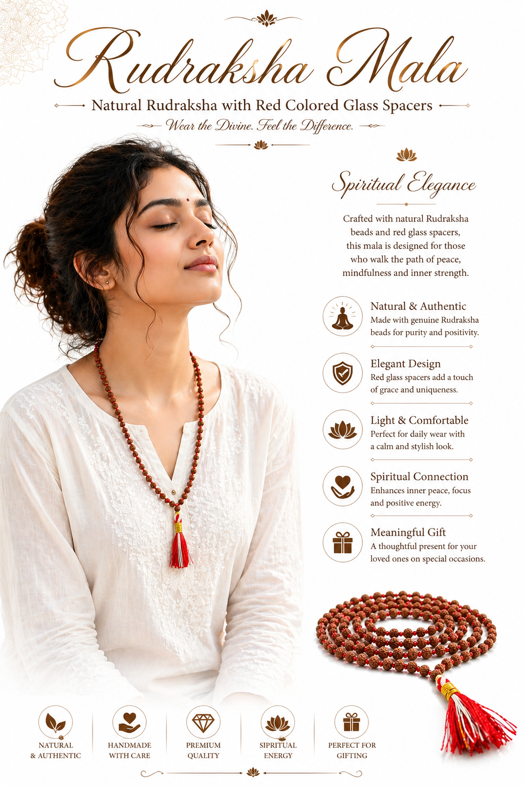 Rudraksha mala with red glass spacers, 108+1 beads, red tassel