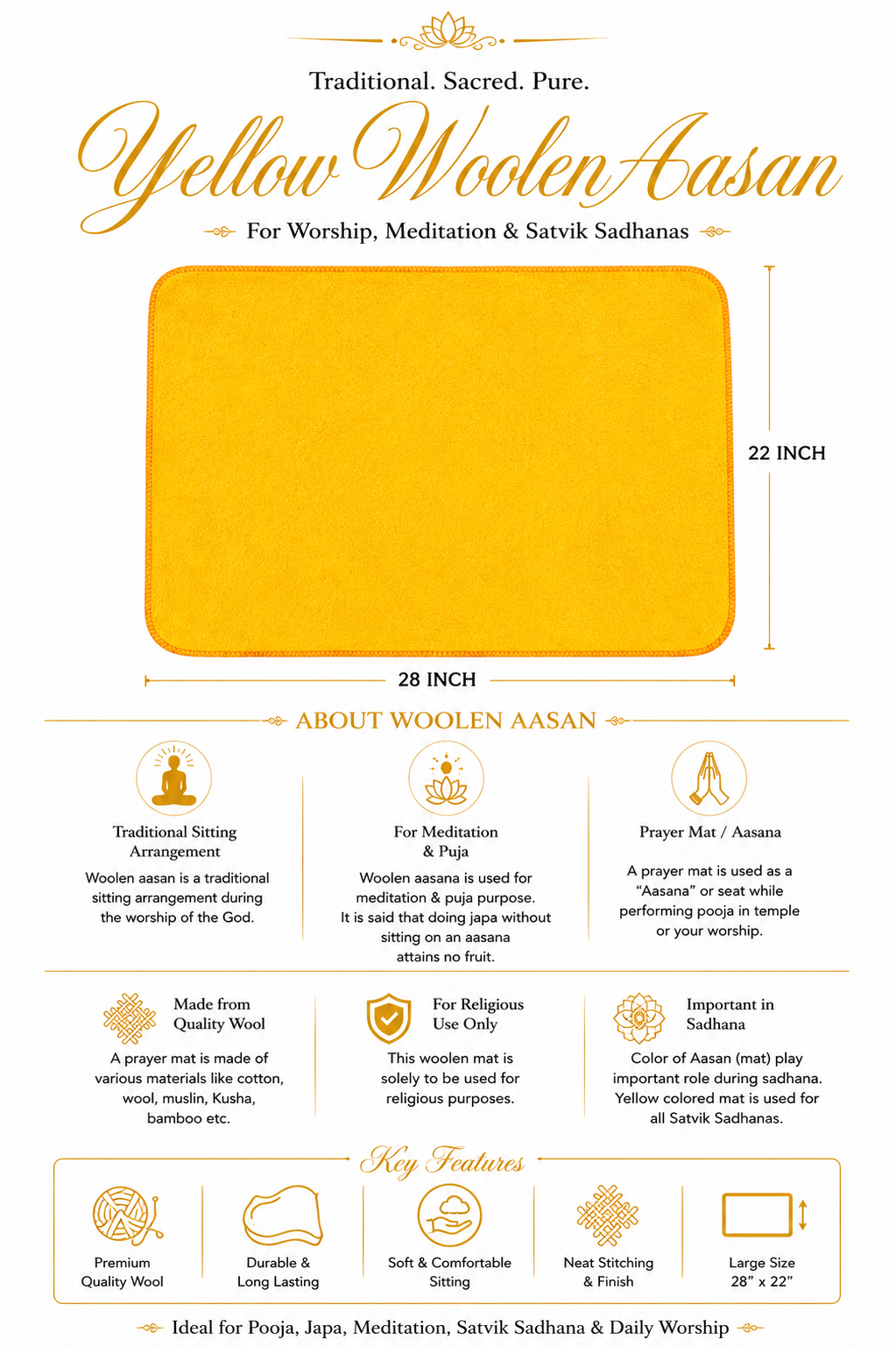 Premium Yellow Woolen Puja Aasan Mat for Meditation & Satvik Sadhana | Prayer Sitting Mat | 28 x 22 Inch