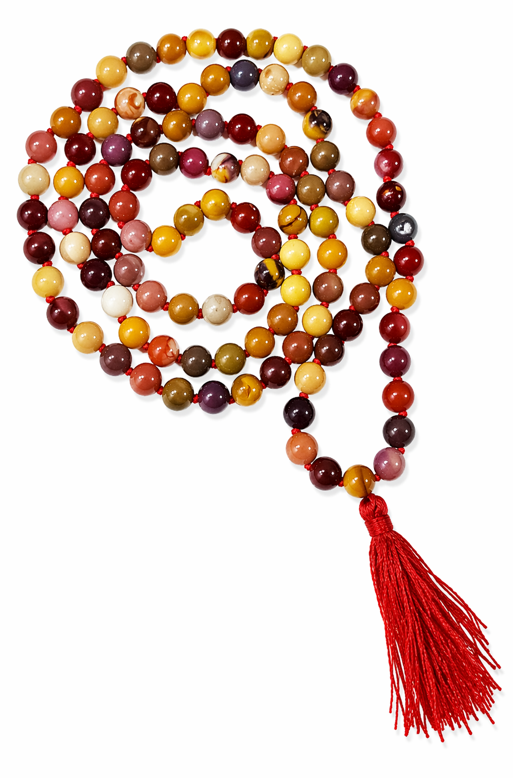 Mookaite mala necklace with 108 natural gemstone beads and red tassel