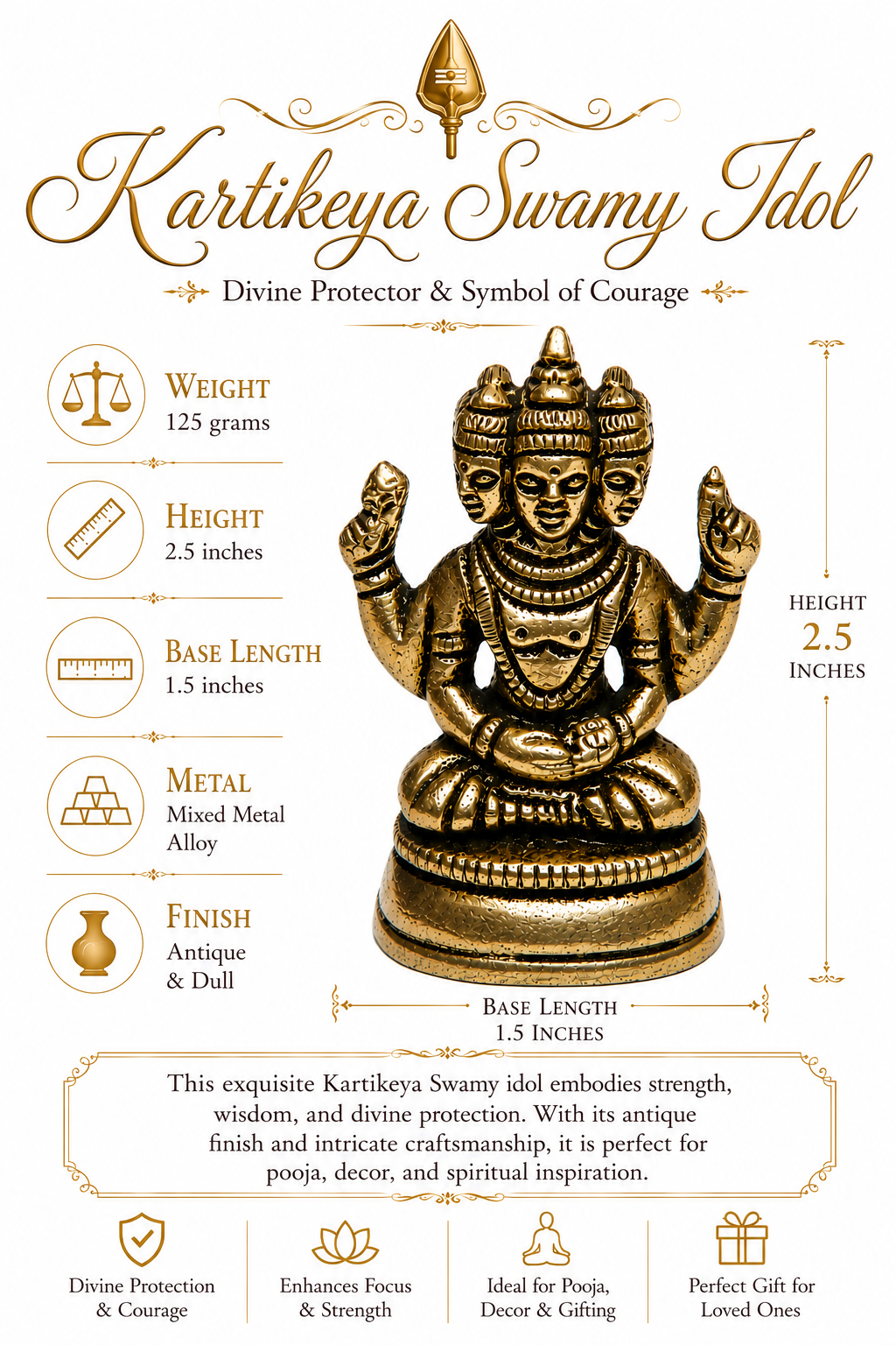 Antique gold Kartikeya Swamy idol, 2.5 in height; alloy