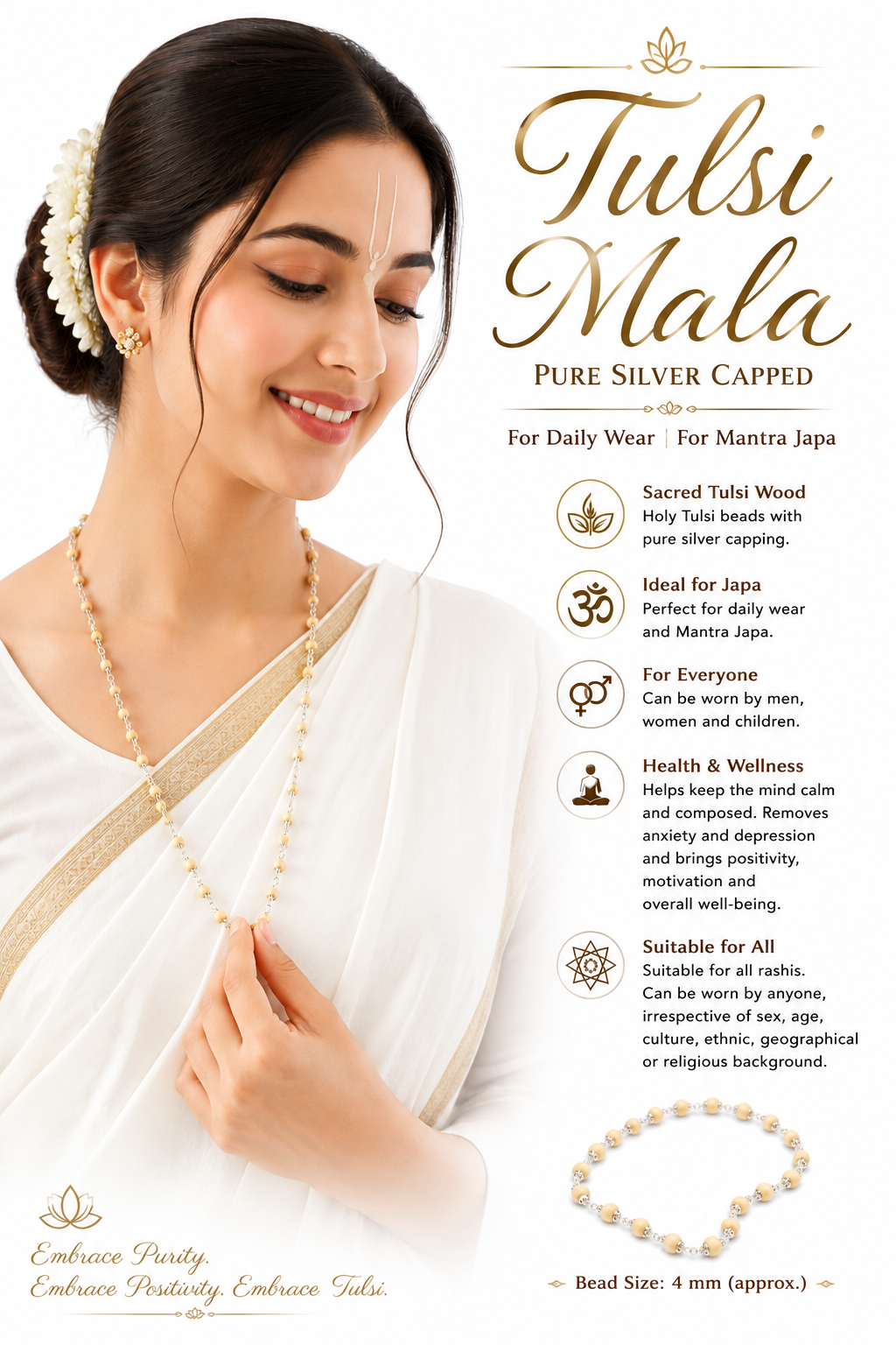 Pure Silver Capped Tulsi Mala for Men & Women - Original Tulsi Beads Japa Mala Necklace for Daily Wear, Meditation & Spiritual Use - 4 MM Handmade Tulsi Mala