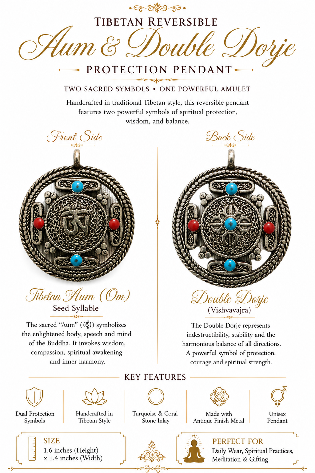 Handcrafted Tibetan Reversible Aum (Om) & Double Dorje Pendant | Traditional Buddhist Symbol | Unisex Necklace Pendant