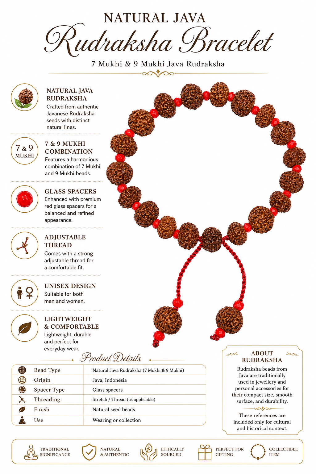 Natural Java Rudraksha Bracelet (7 Mukhi & 9 Mukhi) - Original Indonesian Rudraksha Beads, Adjustable Thread Bracelet with Glass Spacers for Men & Women