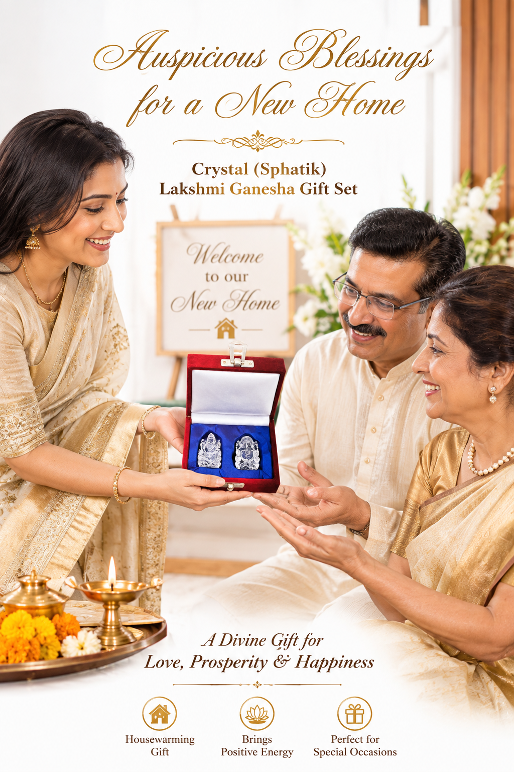 Crystal (Sphatik) Lakshmi Ganesha Idol Gift Set - Pure Sphatik Crystal Ganesh Lakshmi Murti in Velvet Gift Box for Diwali, Housewarming & Auspicious Occasions