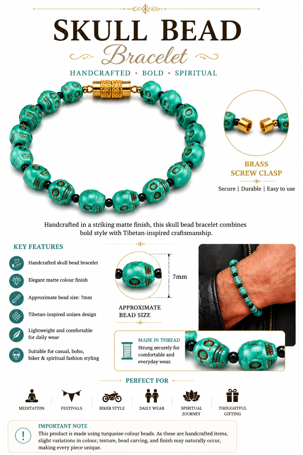 Turquoise skull bead bracelet with blue tassel and gold-tone clasp