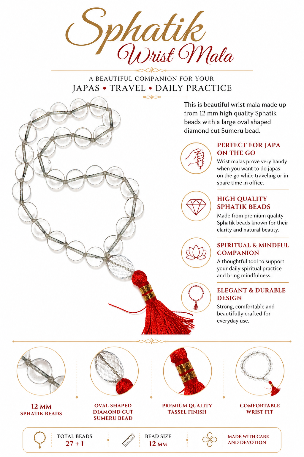 Sphatik wrist mala diagram with clear quartz beads, oval Sumeru bead, red tassel