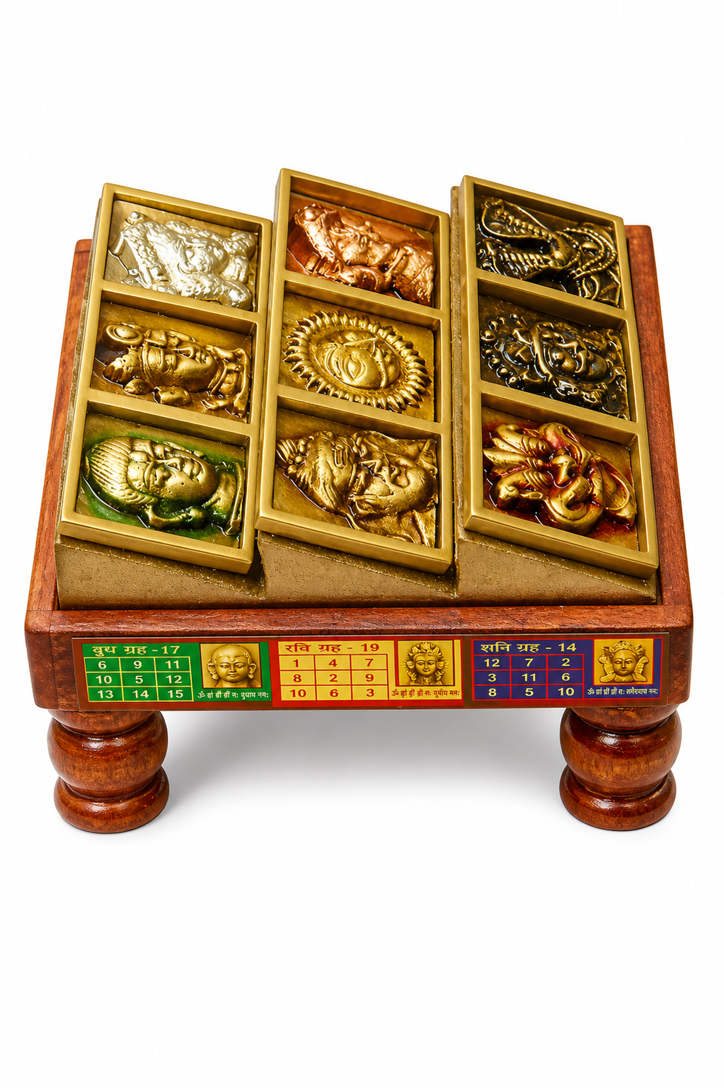 Wooden yantra platform with 9 idols and a colorful planetary chart panel