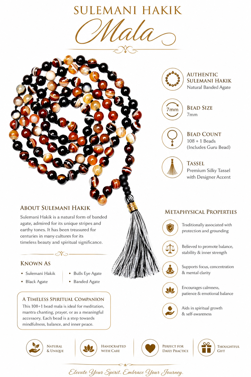 Sulemani Hakik mala with 7mm natural banded agate beads and a long gray tassel.