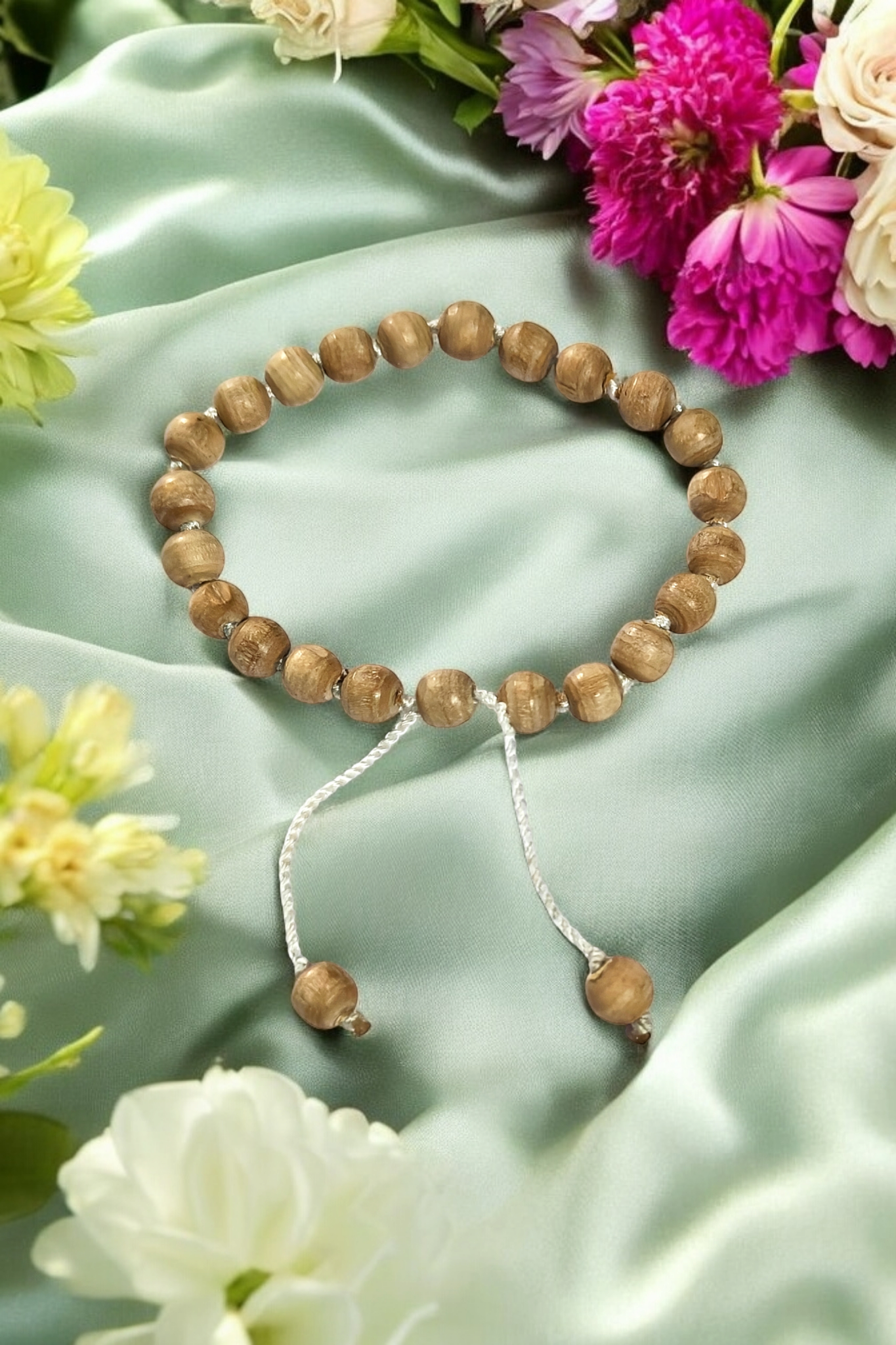 Fully adjustable tulsi bead bracelet with light brown wooden beads