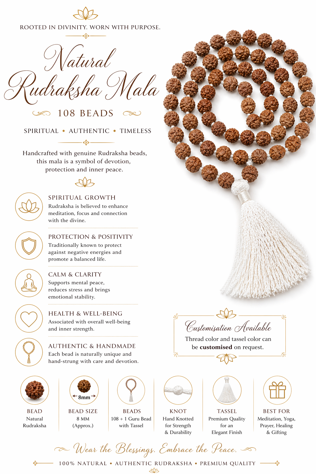 Natural rudraksha mala with dark-brown 8mm beads and white tassel