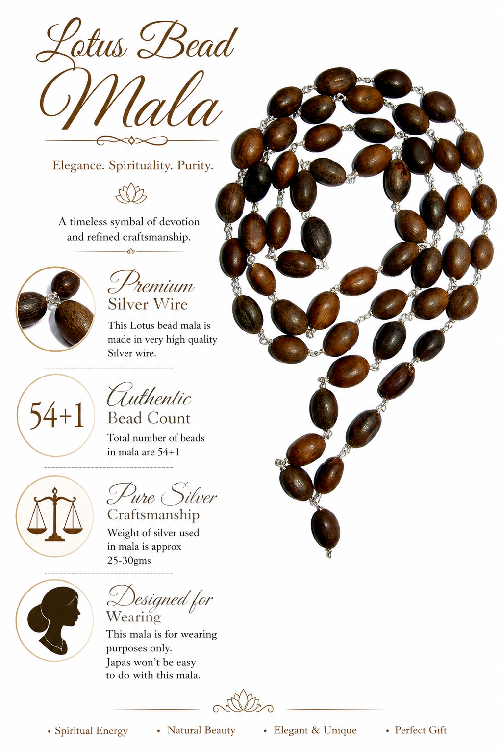 Lotus bead mala with dark brown oval beads and silver wire links; 54+1