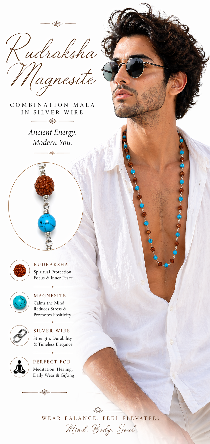 Rudraksha–magnesite mala necklace with blue beads and brown seed charms, silver chain