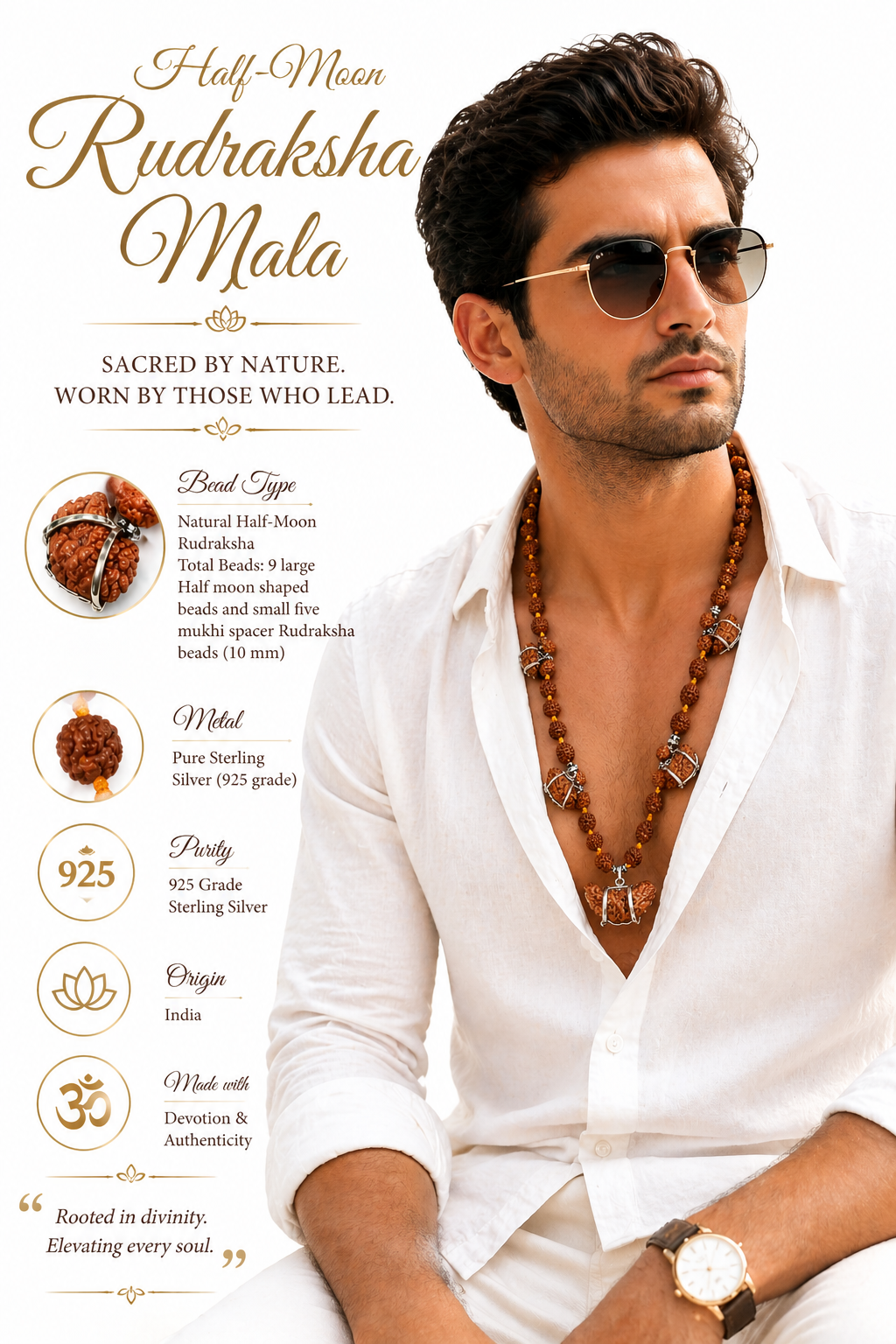 Premium Half-Moon Rudraksha Mala with 925 Sterling Silver (9 Beads)