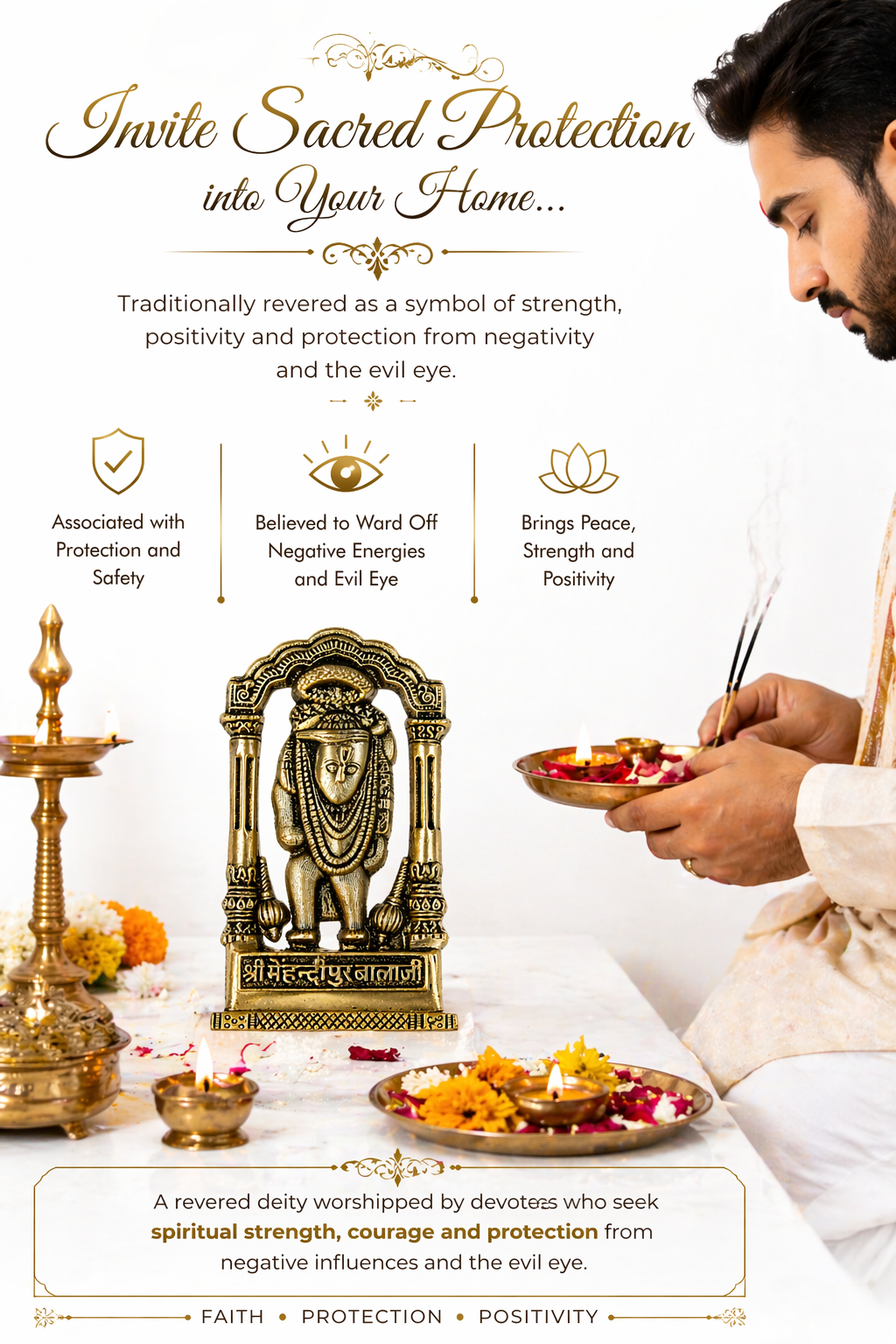 Shree Mehandipur Balaji idol, gold-tone metal figure with arched halo and ornate base
