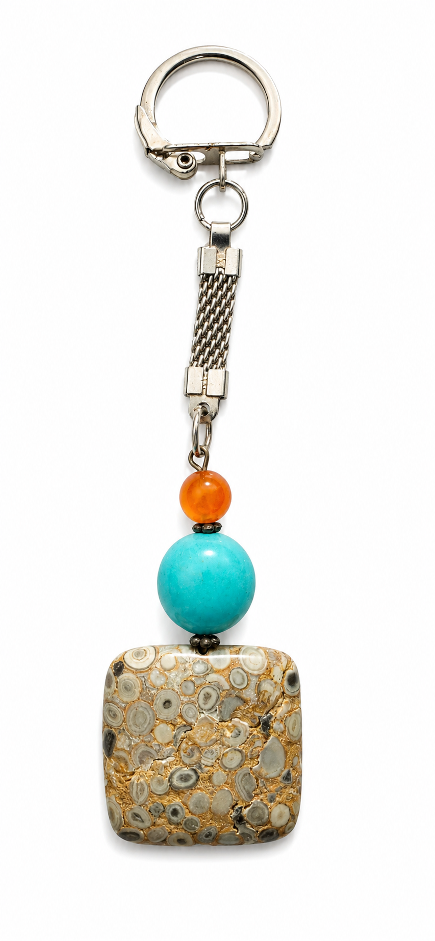 Gemstone keychain with silver ring, orange and teal beads, and patterned jasper charm